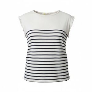Boden Striped White Navy T Shirt Ruffle Cap Cropped Top Womens US 12 UK 16